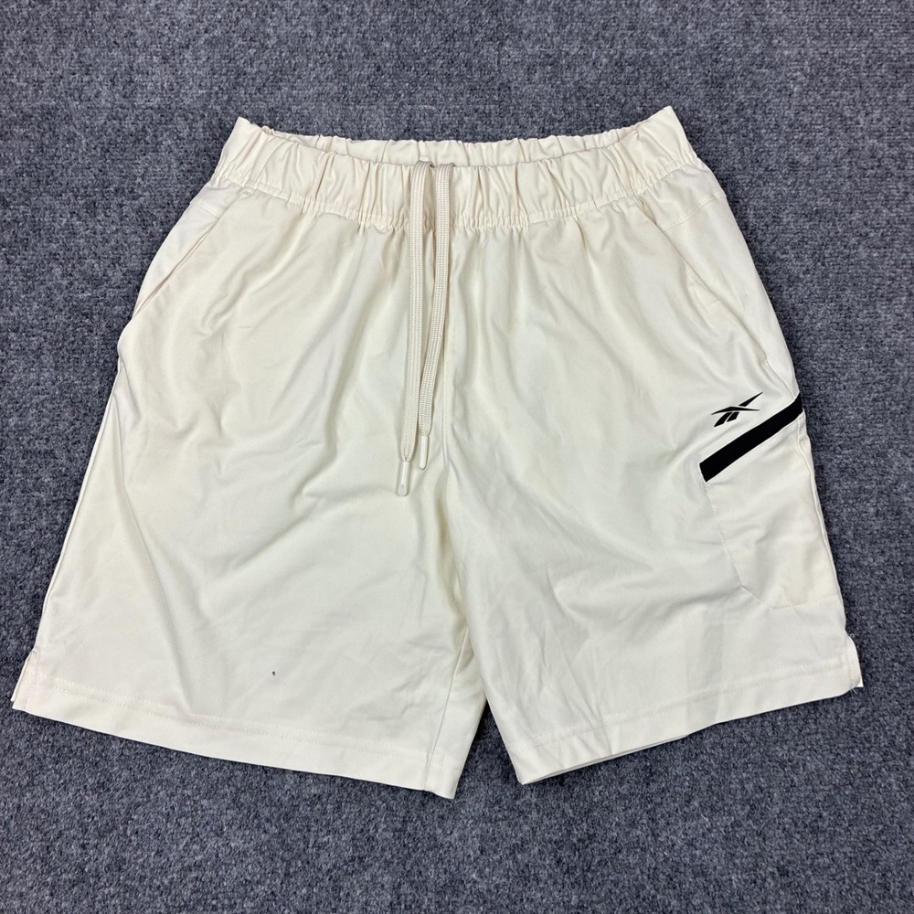 Reebok Mens Cream Athletic Gym Shorts Medium Off White Drawstring Zip Pocket